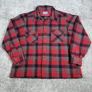 Vintage Pendleton Board Shirt Mens XL Red Plaid Wool Loop Collar Long Sleeve 60s